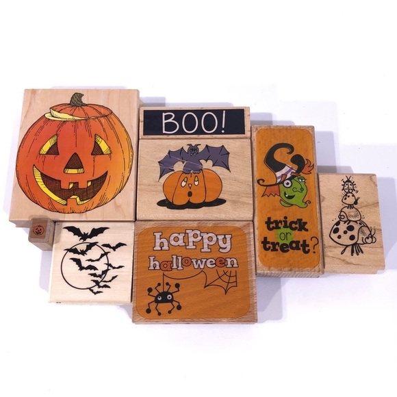 Halloween Wood Rubber Stamp Huge Lot of 8 Witch Pumpkin Bats Boo - Picture 1 of 4